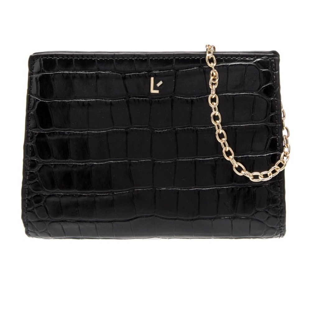 Larroude Erin clutch in black stamped leather